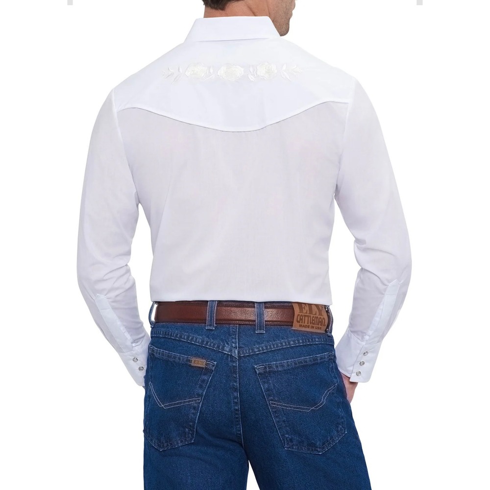 Ely Cattleman Long Sleeve White Western Pearl Snap Shirt W/Rose Embroidery,Large - Picture 2 of 9